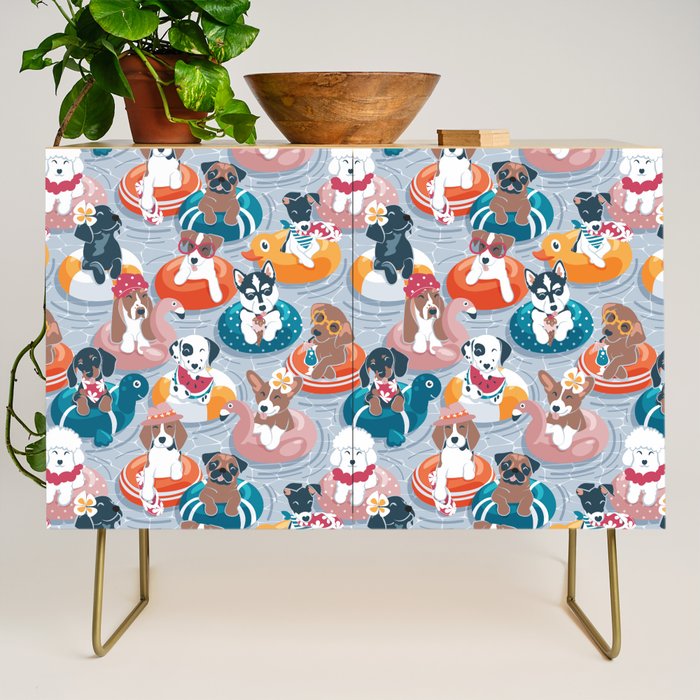 Summer pool pawty // pastel blue background dog breeds in vacations playing on swimming pool floats // Labrador beagle dachshund jack Russell Dalmatian welsh corgi pug greyhound basset hound husky  Credenza Gallery Image 1