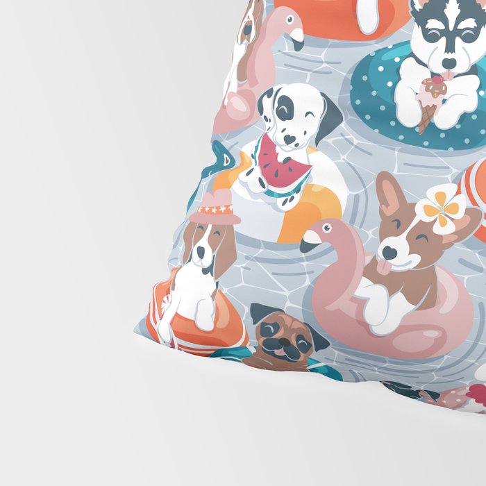 Summer pool pawty // pastel blue background dog breeds in vacations playing on swimming pool floats // Labrador beagle dachshund jack Russell Dalmatian welsh corgi pug greyhound basset hound husky  Pillow Sham Gallery Image 4