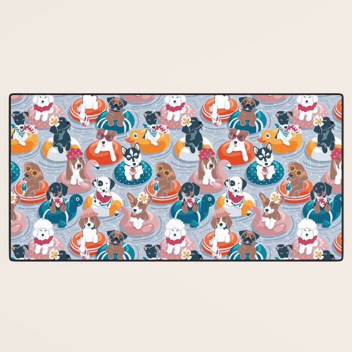 Summer pool pawty // pastel blue background dog breeds in vacations playing on swimming pool floats // Labrador beagle dachshund jack Russell Dalmatian welsh corgi pug greyhound basset hound husky  Desk Mat Gallery Image 3