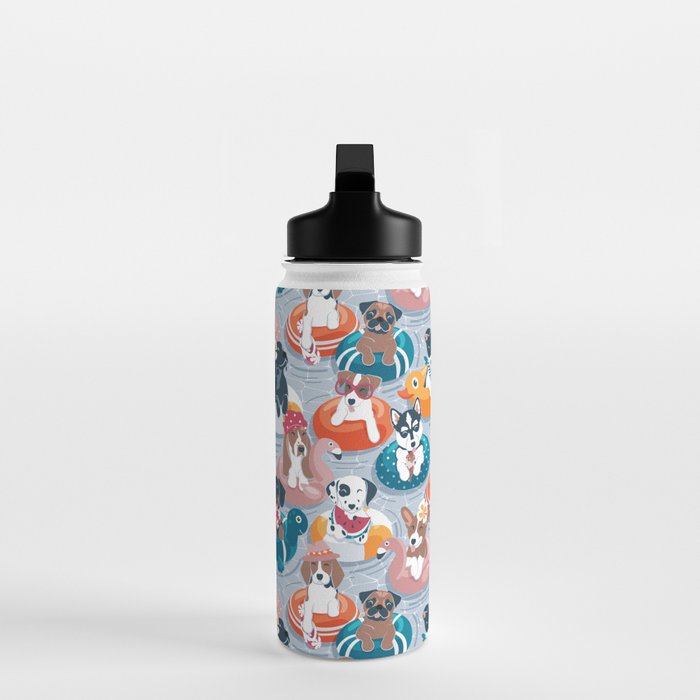 Summer pool pawty // pastel blue background dog breeds in vacations playing on swimming pool floats // Labrador beagle dachshund jack Russell Dalmatian welsh corgi pug greyhound basset hound husky  Water Bottle Gallery Image 3