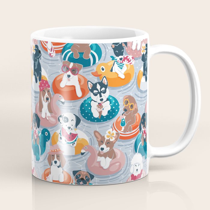 Summer pool pawty // pastel blue background dog breeds in vacations playing on swimming pool floats // Labrador beagle dachshund jack Russell Dalmatian welsh corgi pug greyhound basset hound husky  Coffee Mug Gallery Image 1