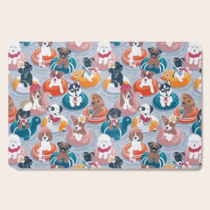 Summer pool pawty // pastel blue background dog breeds in vacations playing on swimming pool floats // Labrador beagle dachshund jack Russell Dalmatian welsh corgi pug greyhound basset hound husky  Cutting Board Gallery Image 1