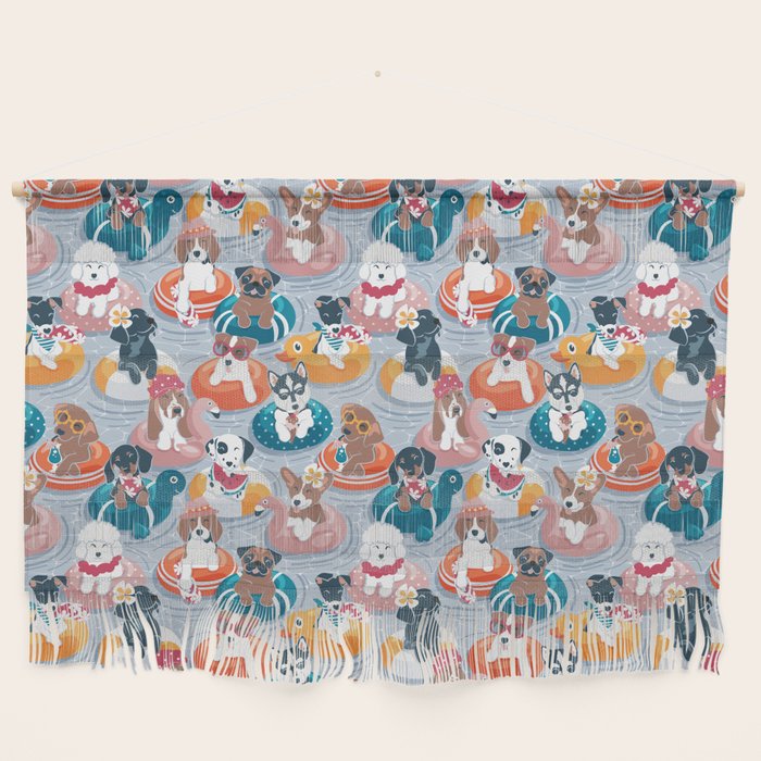 Summer pool pawty // pastel blue background dog breeds in vacations playing on swimming pool floats // Labrador beagle dachshund jack Russell Dalmatian welsh corgi pug greyhound basset hound husky  Wall Hanging Gallery Image 1