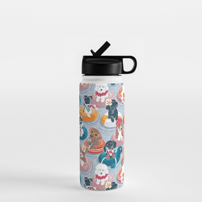 Summer pool pawty // pastel blue background dog breeds in vacations playing on swimming pool floats // Labrador beagle dachshund jack Russell Dalmatian welsh corgi pug greyhound basset hound husky  Water Bottle Gallery Image 1