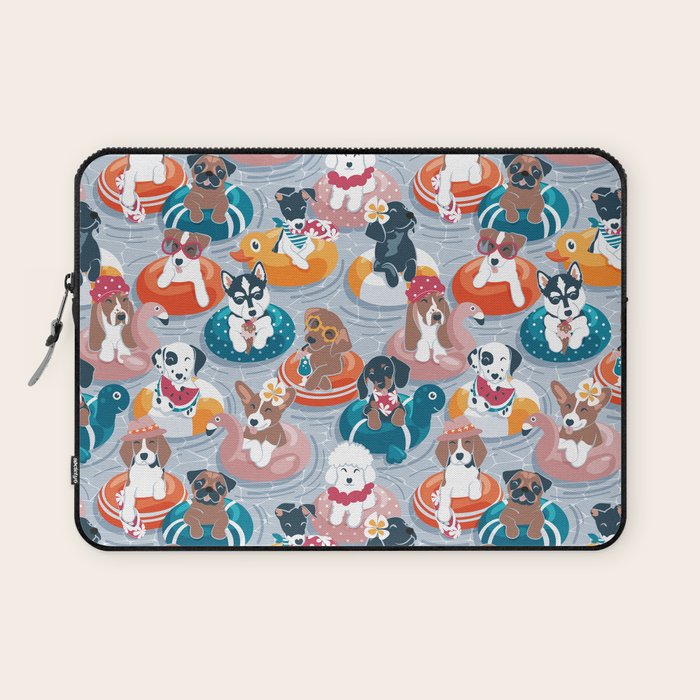 Summer pool pawty // pastel blue background dog breeds in vacations playing on swimming pool floats // Labrador beagle dachshund jack Russell Dalmatian welsh corgi pug greyhound basset hound husky  Laptop Sleeve Gallery Image 1