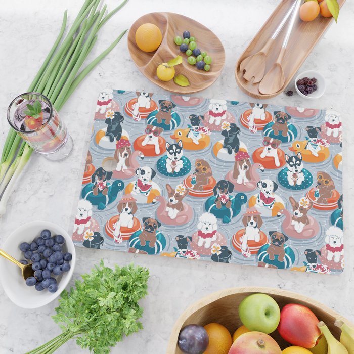Summer pool pawty // pastel blue background dog breeds in vacations playing on swimming pool floats // Labrador beagle dachshund jack Russell Dalmatian welsh corgi pug greyhound basset hound husky  Cutting Board Gallery Image 2