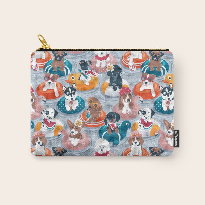 Summer pool pawty // pastel blue background dog breeds in vacations playing on swimming pool floats // Labrador beagle dachshund jack Russell Dalmatian welsh corgi pug greyhound basset hound husky  Carry All Pouch Gallery Image 1