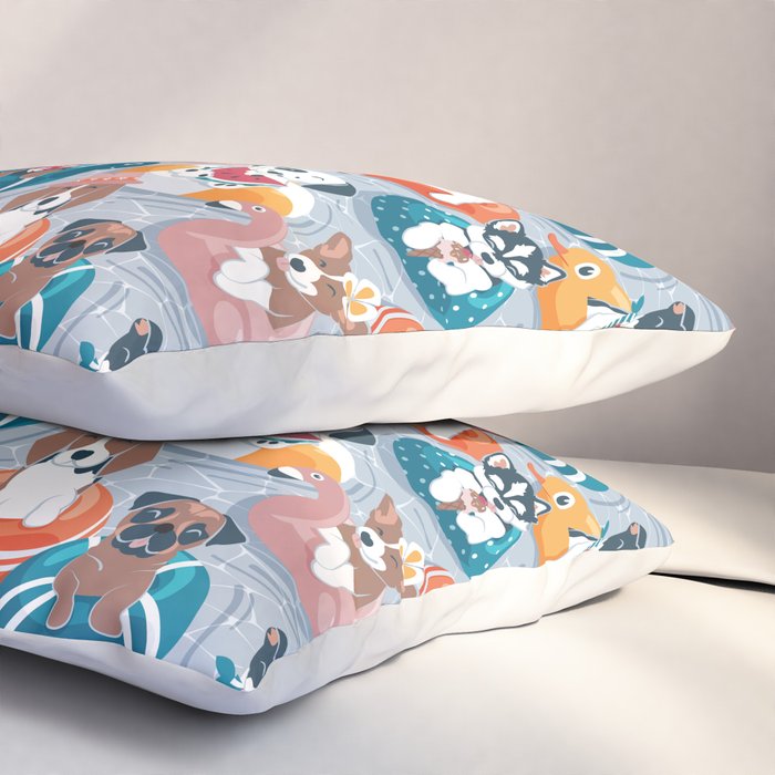 Summer pool pawty // pastel blue background dog breeds in vacations playing on swimming pool floats // Labrador beagle dachshund jack Russell Dalmatian welsh corgi pug greyhound basset hound husky  Pillow Sham Gallery Image 3