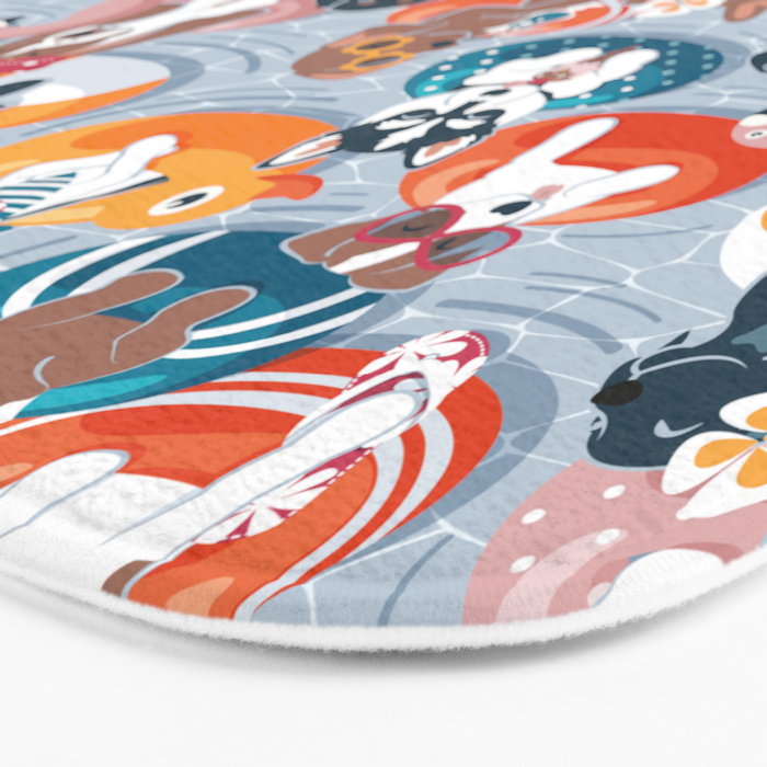 Summer pool pawty // pastel blue background dog breeds in vacations playing on swimming pool floats // Labrador beagle dachshund jack Russell Dalmatian welsh corgi pug greyhound basset hound husky  Bath Mat Gallery Image 3