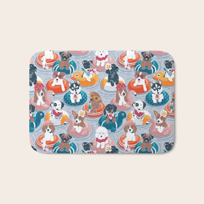 Summer pool pawty // pastel blue background dog breeds in vacations playing on swimming pool floats // Labrador beagle dachshund jack Russell Dalmatian welsh corgi pug greyhound basset hound husky  Bath Mat Gallery Image 1