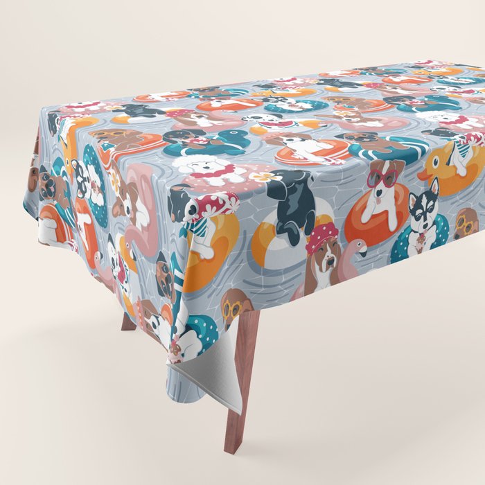 Summer pool pawty // pastel blue background dog breeds in vacations playing on swimming pool floats // Labrador beagle dachshund jack Russell Dalmatian welsh corgi pug greyhound basset hound husky  Tablecloth Gallery Image 1