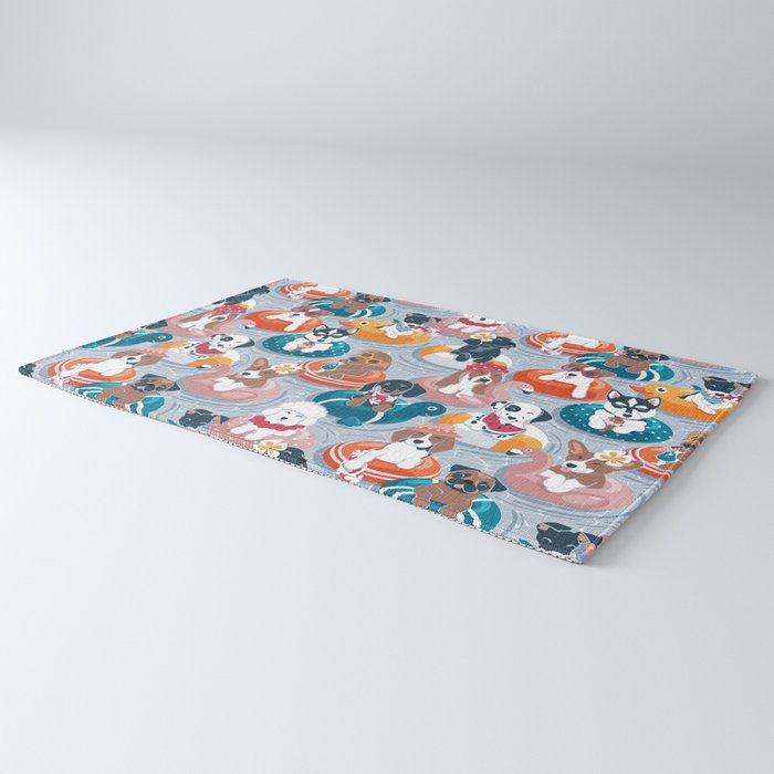 Summer pool pawty // pastel blue background dog breeds in vacations playing on swimming pool floats // Labrador beagle dachshund jack Russell Dalmatian welsh corgi pug greyhound basset hound husky  Rug Gallery Image 3