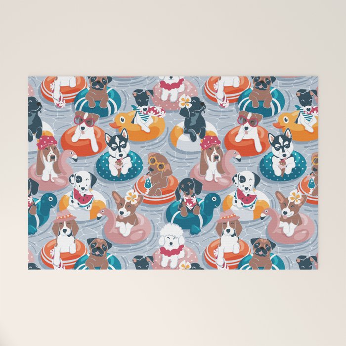 Summer pool pawty // pastel blue background dog breeds in vacations playing on swimming pool floats // Labrador beagle dachshund jack Russell Dalmatian welsh corgi pug greyhound basset hound husky  Welcome Mat Gallery Image 1