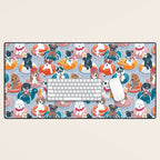 Summer pool pawty // pastel blue background dog breeds in vacations playing on swimming pool floats // Labrador beagle dachshund jack Russell Dalmatian welsh corgi pug greyhound basset hound husky  Desk Mat Gallery Image 1