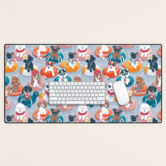 Summer pool pawty // pastel blue background dog breeds in vacations playing on swimming pool floats // Labrador beagle dachshund jack Russell Dalmatian welsh corgi pug greyhound basset hound husky  Desk Mat Gallery Image 1