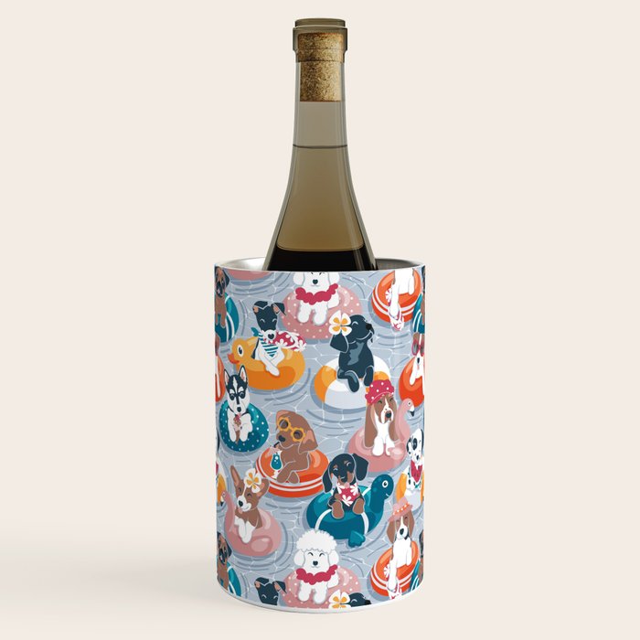 Summer pool pawty // pastel blue background dog breeds in vacations playing on swimming pool floats // Labrador beagle dachshund jack Russell Dalmatian welsh corgi pug greyhound basset hound husky  Wine Chiller Gallery Image 1