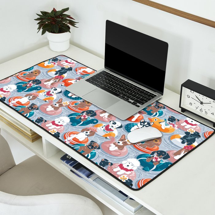 Summer pool pawty // pastel blue background dog breeds in vacations playing on swimming pool floats // Labrador beagle dachshund jack Russell Dalmatian welsh corgi pug greyhound basset hound husky  Desk Mat Gallery Image 2