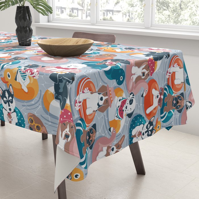 Summer pool pawty // pastel blue background dog breeds in vacations playing on swimming pool floats // Labrador beagle dachshund jack Russell Dalmatian welsh corgi pug greyhound basset hound husky  Tablecloth Gallery Image 3