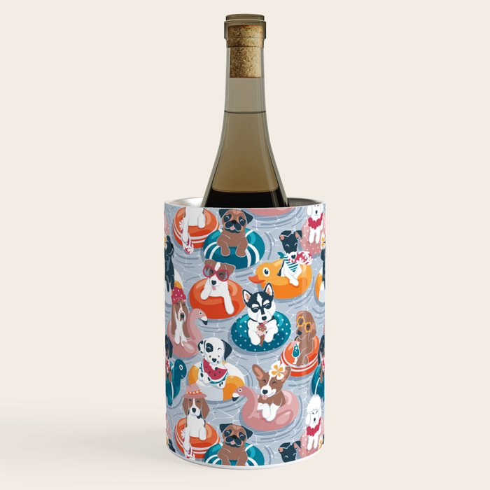 Summer pool pawty // pastel blue background dog breeds in vacations playing on swimming pool floats // Labrador beagle dachshund jack Russell Dalmatian welsh corgi pug greyhound basset hound husky  Wine Chiller Gallery Image 3