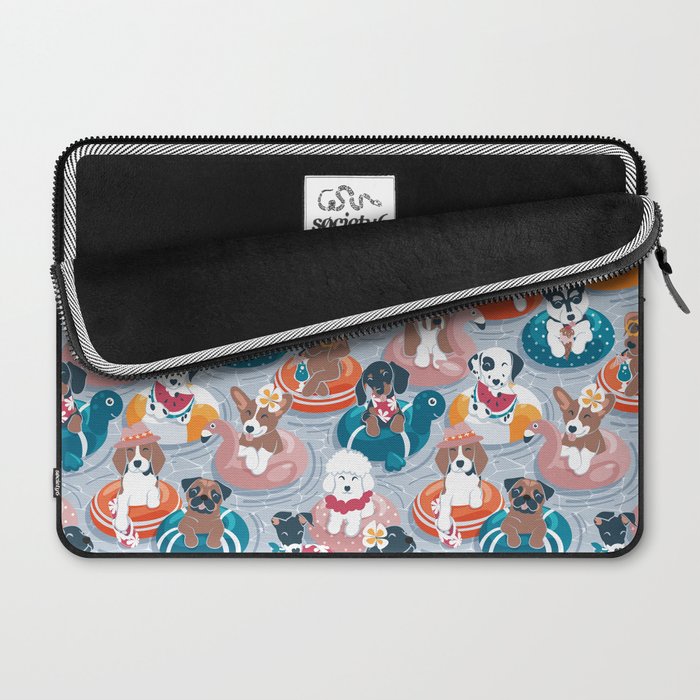Summer pool pawty // pastel blue background dog breeds in vacations playing on swimming pool floats // Labrador beagle dachshund jack Russell Dalmatian welsh corgi pug greyhound basset hound husky  Laptop Sleeve Gallery Image 2