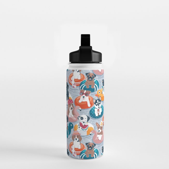 Summer pool pawty // pastel blue background dog breeds in vacations playing on swimming pool floats // Labrador beagle dachshund jack Russell Dalmatian welsh corgi pug greyhound basset hound husky  Water Bottle Gallery Image 2