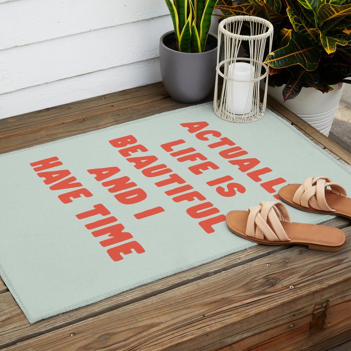 Actually Life is Beautiful and I Have Time typography print in pastel green and red Outdoor Rug Gallery Image 2