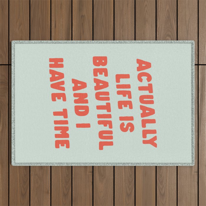 Actually Life is Beautiful and I Have Time typography print in pastel green and red Outdoor Rug Gallery Image 1