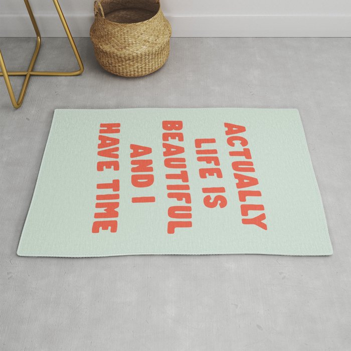 Actually Life is Beautiful and I Have Time typography print in pastel green and red Rug Gallery Image 1