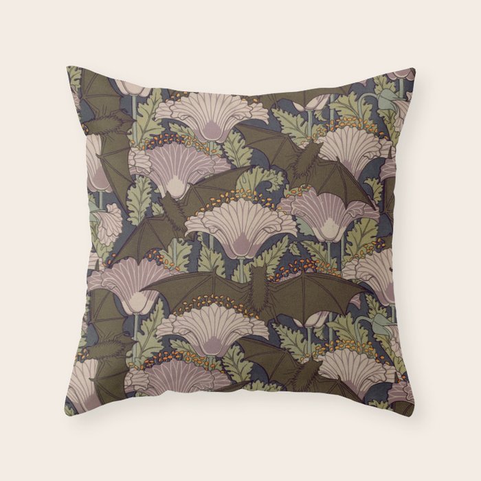 Vintage Art Deco Bat and Flowers Throw Pillow Gallery Image 6