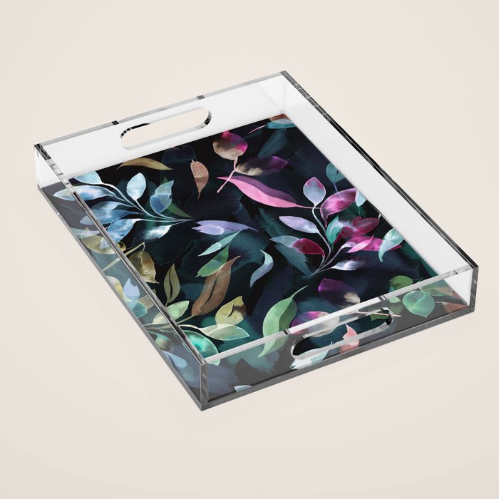Midnight garden foliage Watercolor Leaves Dark Romantic botanical Jewel tones Acrylic Tray Gallery Image 1