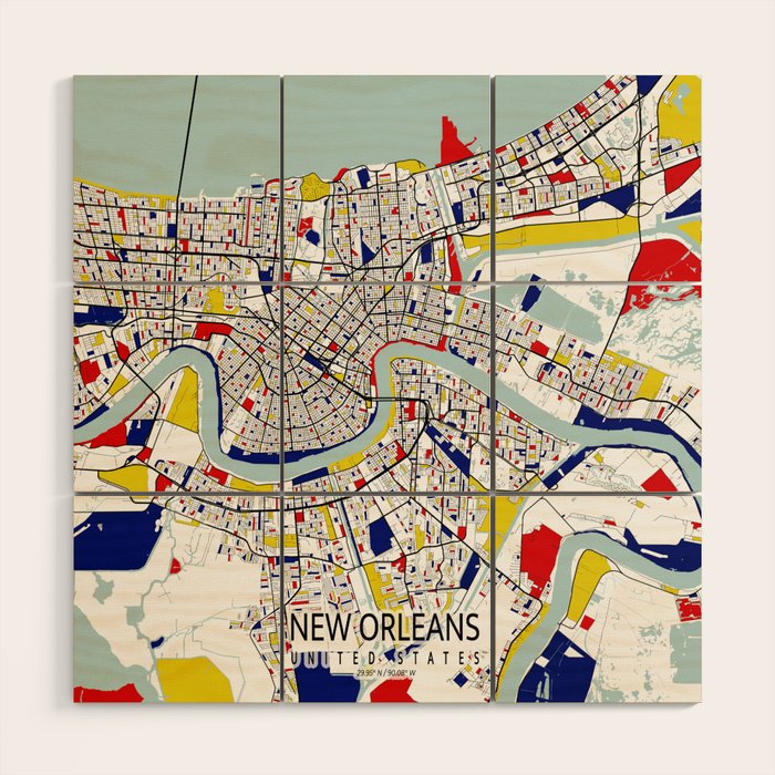 New Orleans, Louisiana City Map - Mondrian Wood Wall Art Gallery Image 1