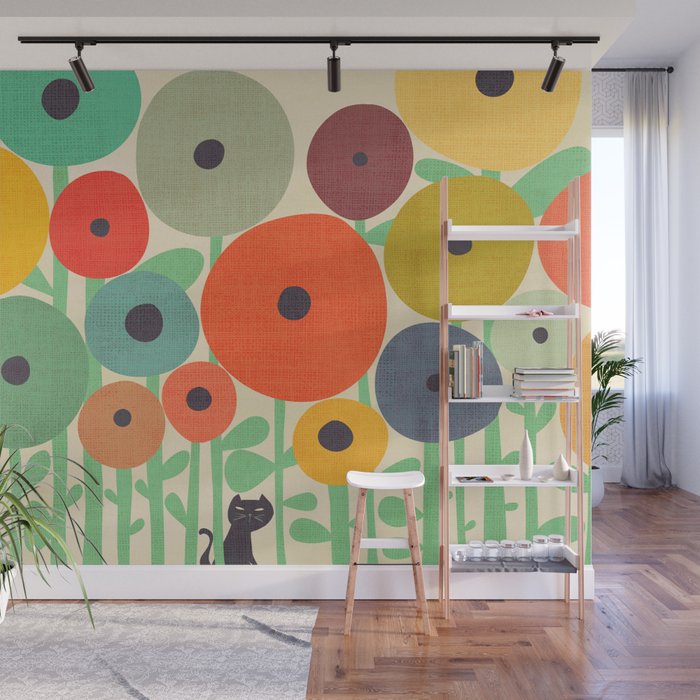 Cat in flower garden Wall Mural Gallery Image 1