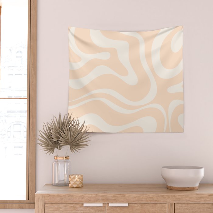 Retro Modern Liquid Swirl Abstract Pattern Square in Soft Pale Peach  Wall Tapestry Gallery Image 2