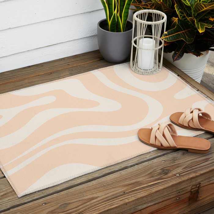 Retro Modern Liquid Swirl Abstract Pattern Square in Soft Pale Peach  Outdoor Rug Gallery Image 2