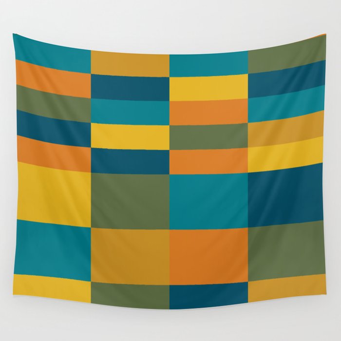 Checkered Multi Check Variable Checked Pattern in Moroccan Blue Olive Teal Mustard Orange Wall Tapestry Gallery Image 4