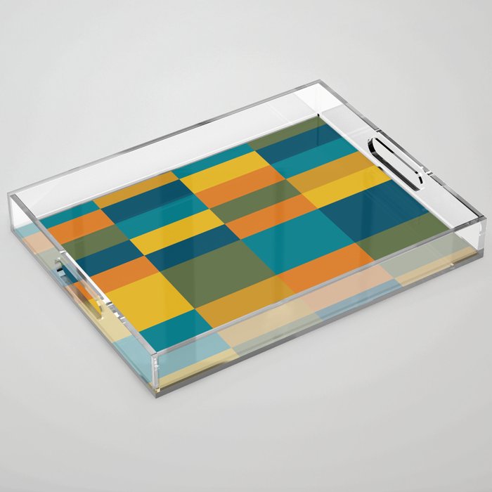 Checkered Multi Check Variable Checked Pattern in Moroccan Blue Olive Teal Mustard Orange Acrylic Tray Gallery Image 1