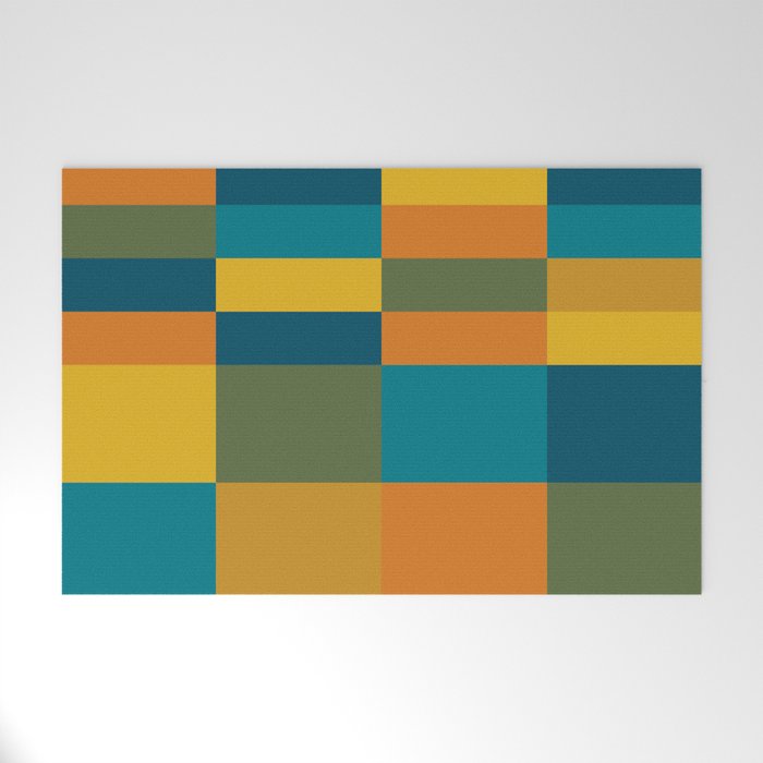 Checkered Multi Check Variable Checked Pattern in Moroccan Blue Olive Teal Mustard Orange Welcome Mat Gallery Image 1