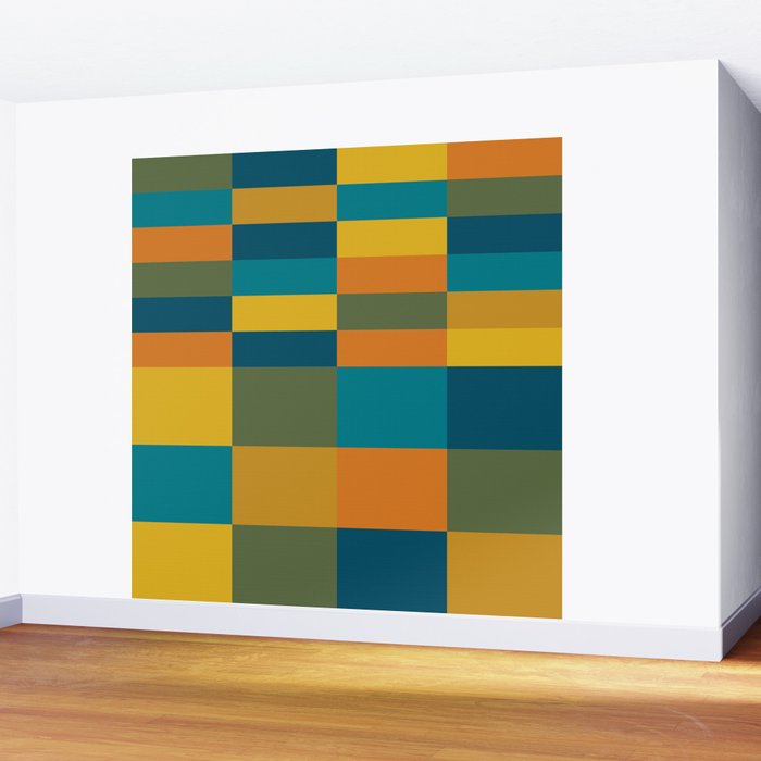 Checkered Multi Check Variable Checked Pattern in Moroccan Blue Olive Teal Mustard Orange Wall Mural Gallery Image 2
