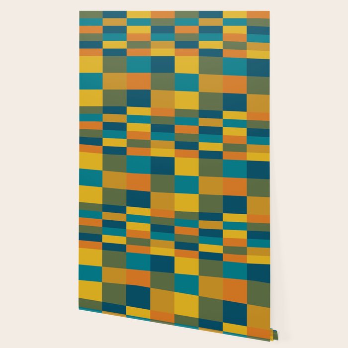 Checkered Multi Check Variable Checked Pattern in Moroccan Blue Olive Teal Mustard Orange Wallpaper Gallery Image 2
