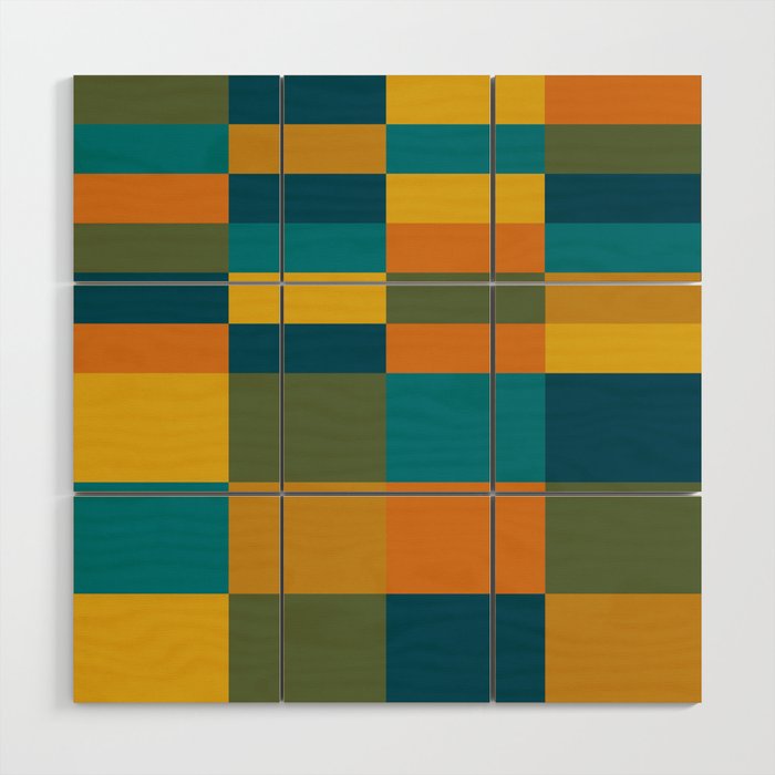 Checkered Multi Check Variable Checked Pattern in Moroccan Blue Olive Teal Mustard Orange Wood Wall Art Gallery Image 1