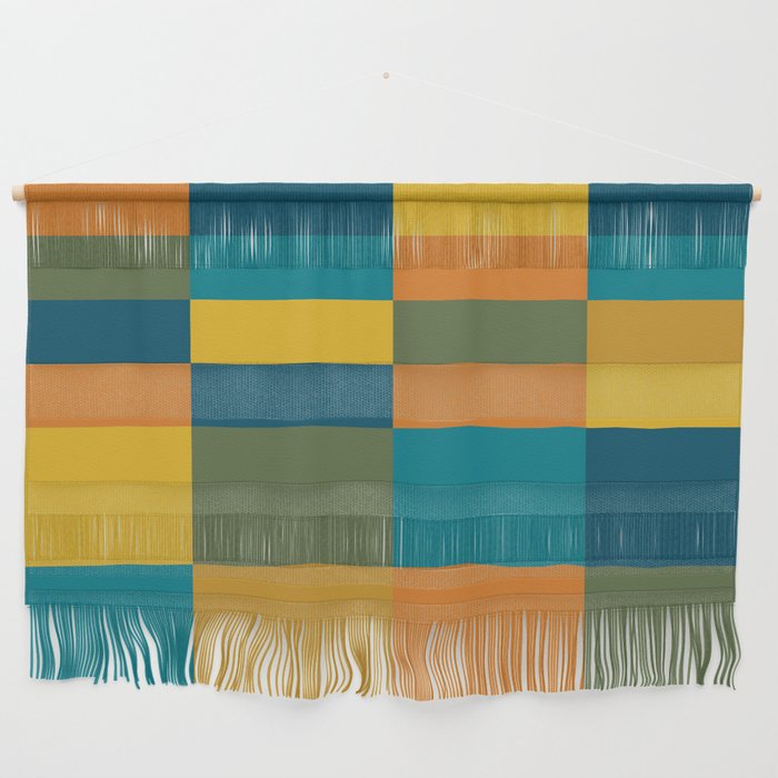 Checkered Multi Check Variable Checked Pattern in Moroccan Blue Olive Teal Mustard Orange Wall Hanging Gallery Image 1