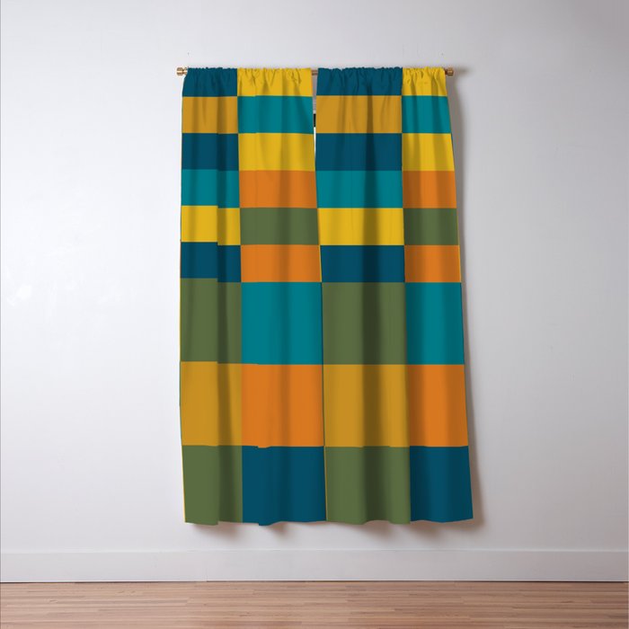 Checkered Multi Check Variable Checked Pattern in Moroccan Blue Olive Teal Mustard Orange Window Curtain Gallery Image 3