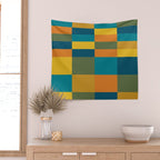 Checkered Multi Check Variable Checked Pattern in Moroccan Blue Olive Teal Mustard Orange Wall Tapestry Gallery Image 2