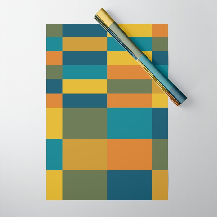 Checkered Multi Check Variable Checked Pattern in Moroccan Blue Olive Teal Mustard Orange Wrapping Paper Gallery Image 1