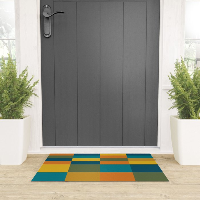 Checkered Multi Check Variable Checked Pattern in Moroccan Blue Olive Teal Mustard Orange Welcome Mat Gallery Image 3
