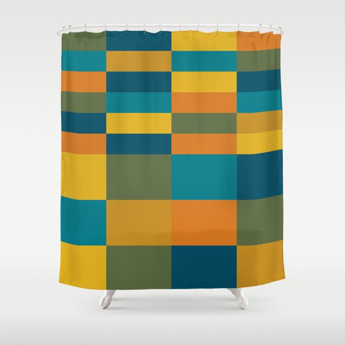Checkered Multi Check Variable Checked Pattern in Moroccan Blue Olive Teal Mustard Orange Shower Curtain Gallery Image 1