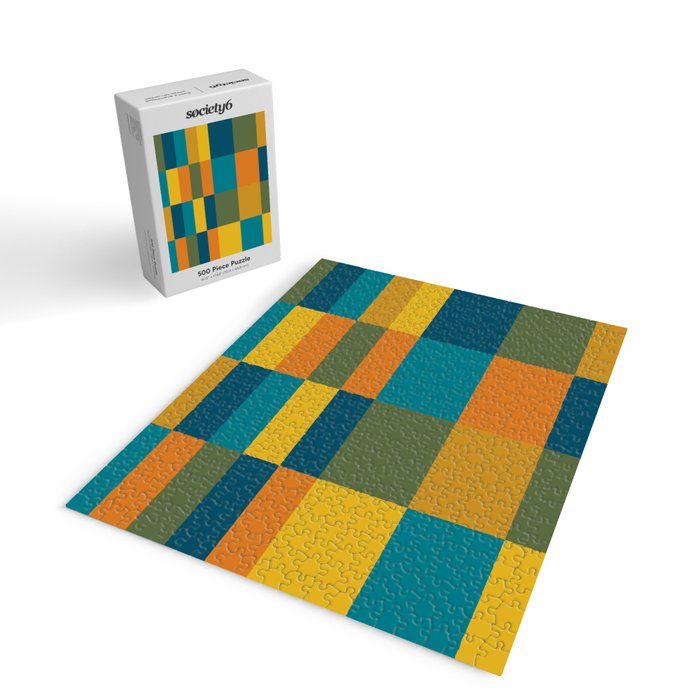 Checkered Multi Check Variable Checked Pattern in Moroccan Blue Olive Teal Mustard Orange Jigsaw Puzzle Gallery Image 2