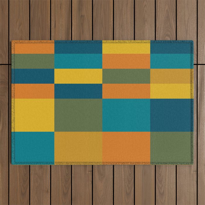Checkered Multi Check Variable Checked Pattern in Moroccan Blue Olive Teal Mustard Orange Outdoor Rug Gallery Image 1