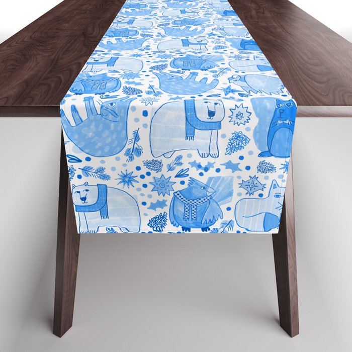 Winter Forest Woodland Animals in Blue Table Runner Gallery Image 1