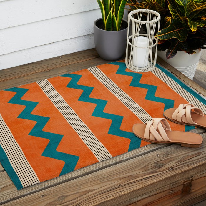 Teal Orange Chevrons Modern Artwork Outdoor Rug Gallery Image 2